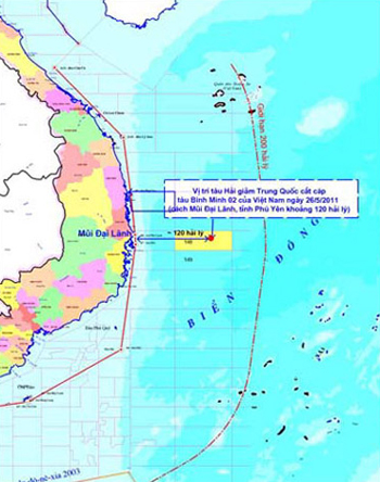 Vị trí tàu Bình Minh 02 bị cắt cáp cách Mũi Đại Lãnh, tỉnh Phú Yên, Việt Nam