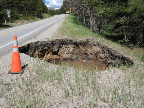 A sinkhole opened on July 9, 2012 in Leadville, Colorado as a result of heavy rain in the area. Crews were on site and to assess the extent of the damage. (Colorado Department of Transportation via Facebook)