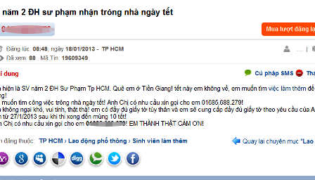 Nhiều SV rao tìm công việc giúp việc, trông nhà... ngày Tết.