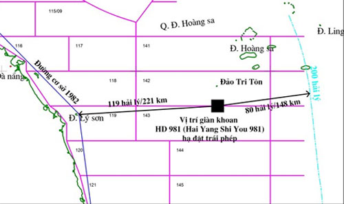 Vị trí giàn khoan dầu HD-981 (điểm màu đen) xâm phạm thềm lục địa Việt Nam. Ảnh: PVN