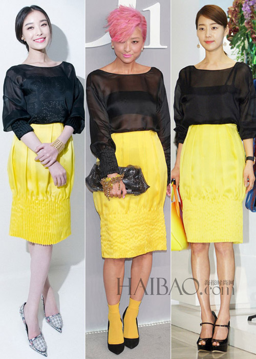 Sự kết hợp phụ kiện khác nhau trong cùng một bộ trang phục đen - vàng khiến Nghê Ni - Từ Hào Oanh - Han Ji Hye mỗi người đẹp một vẻ.