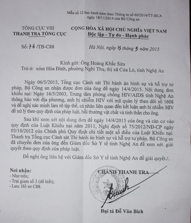 Vụ nhiễm HIV 'oan' 10 năm: Bộ Công an gửi công văn trả lời 1