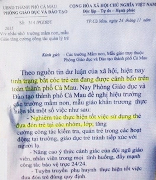 Sự thật về công văn cảnh báo bắt cóc trẻ em ở Cà Mau