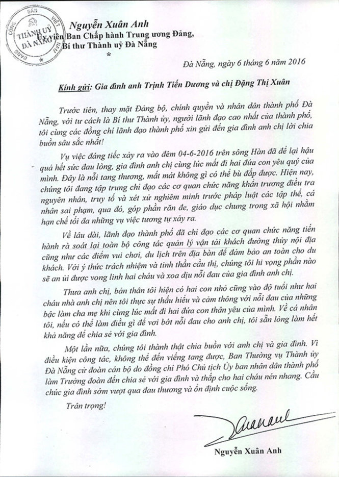Bí thư Đà Nẵng viết thư chia buồn với cặp vợ chồng mất 2 con trong vụ chìm tàu