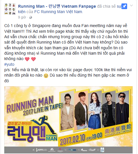 Fan Việt vui mừng trước thông tin sẽ có Fan Meeting Running Man tại Việt Nam 1