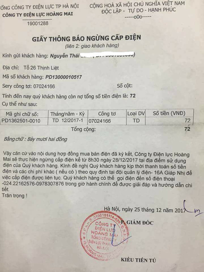 Nợ 72 đồng, khách hàng ở Hà Nội nhận giấy thông báo ngừng cấp điện - Ảnh 1.