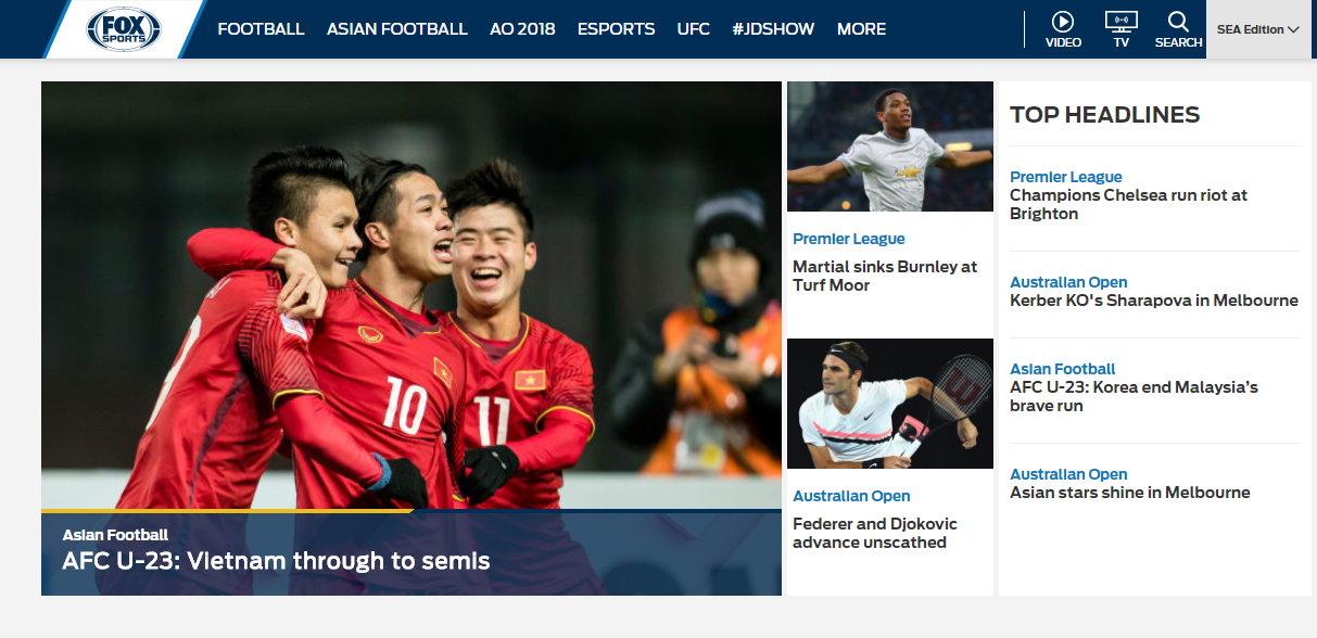 Dòng tin Việt Nam tiến thẳng bán kết xuất hiện đầy tự hào trên trang chủ Fox Sports Asia - Ảnh 1.
