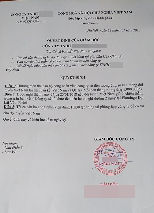 Trước thềm bán kết bóng đá U23 Việt Nam gặp Qatar: Hàng loạt công ty, trường học chủ động cho nhân viên nghỉ làm, tường thuật trực tiếp trận đấu để cổ vũ đội nhà - Ảnh 2. Trước thềm bán kết U23 Việt Nam gặp Qatar: Hàng loạt công ty cho nghỉ làm, thưởng 1 triệu cho mỗi nhân viên tương đương bàn thắng VN ghi được 2