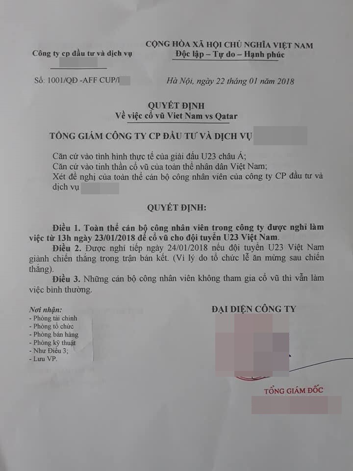 Trước thềm bán kết bóng đá U23 Việt Nam gặp Qatar: Hàng loạt công ty, trường học chủ động cho nhân viên nghỉ làm, tường thuật trực tiếp trận đấu để cổ vũ đội nhà - Ảnh 3. Trước thềm bán kết U23 Việt Nam gặp Qatar: Hàng loạt công ty cho nghỉ làm, thưởng 1 triệu cho mỗi nhân viên tương đương bàn thắng VN ghi được 3