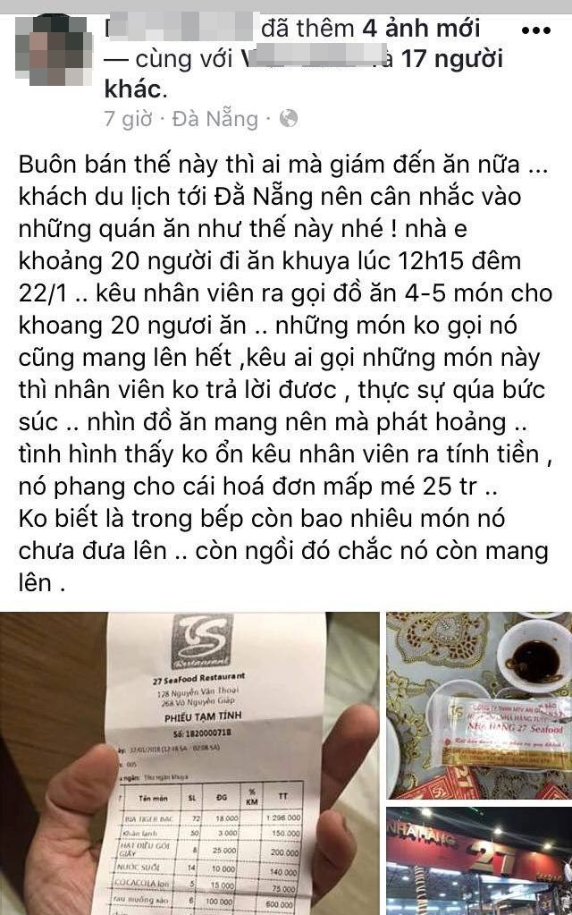 Sở Du lịch TP Đà Nẵng xác minh việc ê-kip ca sĩ Quang Lê bị 'chặt chém' 25 triệu bữa ăn khuya 1