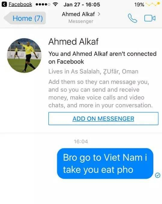Dân mạng nhắn tin vào facebook được cho là trọng tài người Oman, rủ về Việt Nam ăn phở! - Ảnh 1.