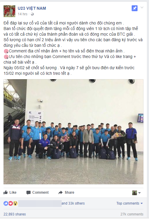 Cảnh giác: Thông tin BTC tặng 2 triệu tờ ảnh lịch có hình tập thể U23 Việt Nam kèm chữ ký của các cầu thủ là giả mạo - Ảnh 1. Cảnh giác: Thông tin BTC tặng 2 triệu tờ ảnh lịch có hình tập thể U23 Việt Nam kèm chữ ký của các cầu thủ là giả mạo 1