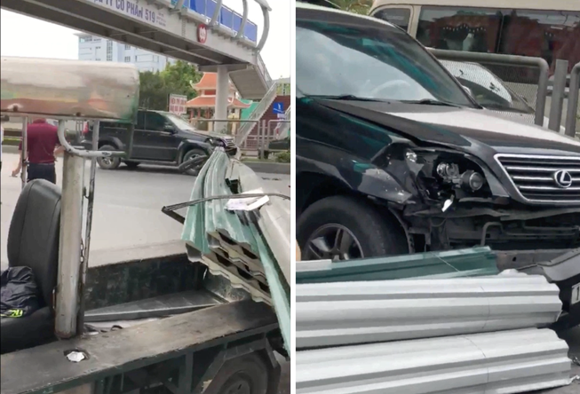 Quảng Ninh: Xe ba gác chở cuộn tôn dài hàng chục mét húc vỡ đầu xế hộp Lexus - Ảnh 2. Xe ba gác chở tôn húc vỡ đầu 'xế hộp' Lexus ở Quảng Ninh 1