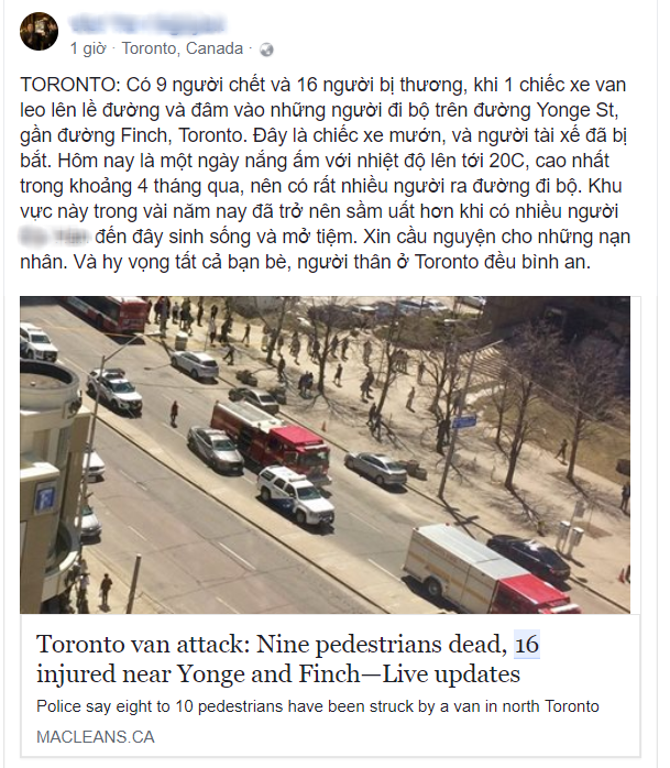 Du học sinh Việt tại Canada hoang mang sau vụ xe điên đâm chết 10 người đi bộ 7