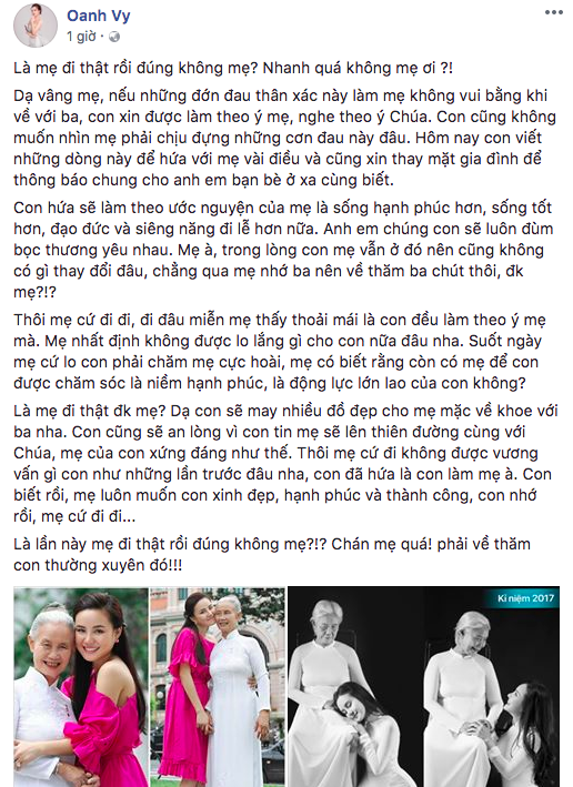 Nghệ sĩ Việt động viên, chia buồn khi hay tin mẹ Vy Oanh vừa qua đời - Ảnh 1.