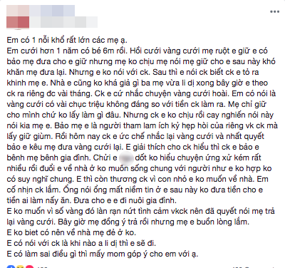 Trót nhờ mẹ đẻ giữ giúp vàng cưới, chồng tỏ ra khó chịu, nói mẹ vợ ích kỷ, liên tục đuổi vợ ra ở riêng vì ứng xử kém - Ảnh 1.