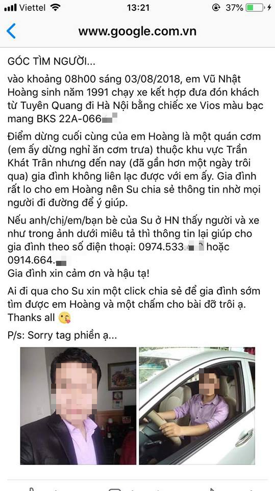 Đã tìm thấy lái xe chở khách từ Tuyên Quang xuống Hà Nội rồi mất tích - ảnh 1 Hình ảnh Đã tìm thấy lái xe chở khách từ Tuyên Quang xuống Hà Nội rồi mất tích số 1