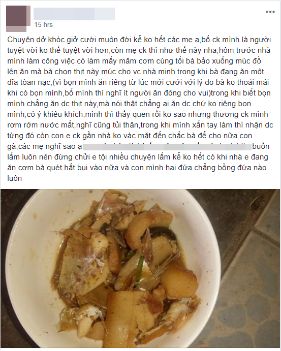 Hùng hục làm cỗ cả buổi, nàng dâu chỉ được mẹ chồng cho bát thịt mỡ, em chồng chả vác mặt vào lại được phần cả nửa con gà - Ảnh 1.