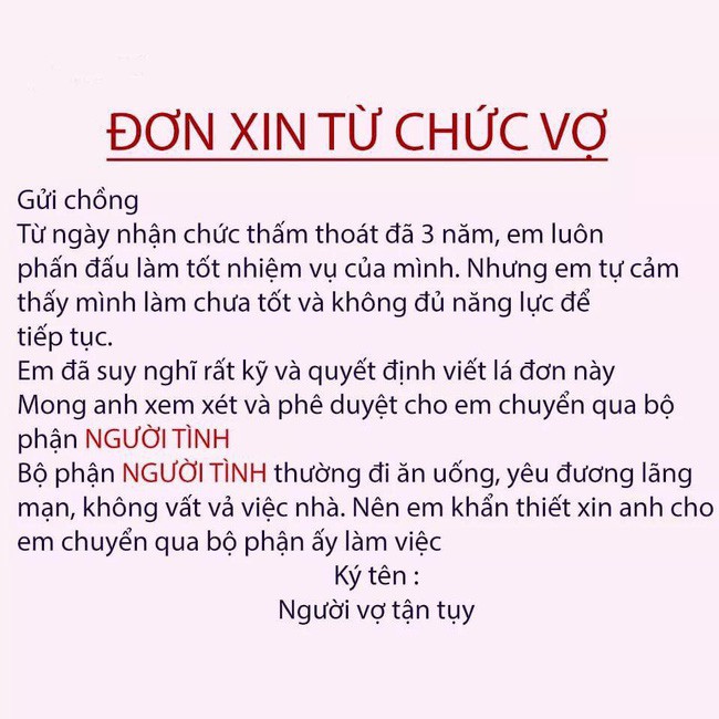 Chị em rộ trào lưu nhắn tin từ chức vợ để chuyển sang bộ phận người tình và đây là phản ứng của các anh chồng - Ảnh 1. Chị em rộ trào lưu nhắn tin 'từ chức vợ để chuyển sang bộ phận người tình' và đây là phản ứng của các anh chồng 1