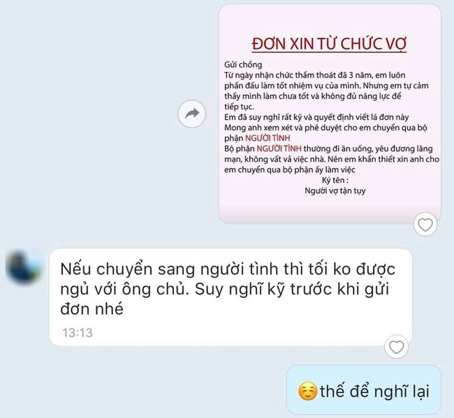Chị em rộ trào lưu nhắn tin từ chức vợ để chuyển sang bộ phận người tình và đây là phản ứng của các anh chồng - Ảnh 6. Chị em rộ trào lưu nhắn tin 'từ chức vợ để chuyển sang bộ phận người tình' và đây là phản ứng của các anh chồng 6