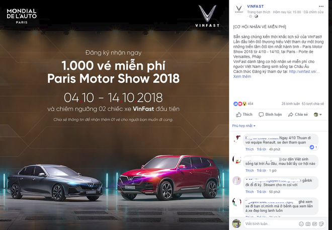 VinFast tặng 1.000 vé tham dự sự kiện Paris Motor Show 2018 miễn phí cho người Việt - Ảnh 1.