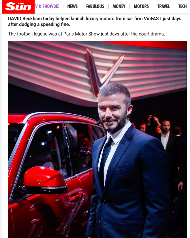 Hàng loạt báo quốc tế đăng tin rầm rộ về màn xuất hiện của David Beckham tại sự kiện ra mắt VINFAST - Ảnh 4. Hàng loạt báo quốc tế đăng tin rầm rộ về màn xuất hiện của David Beckham tại sự kiện ra mắt VINFAST 4