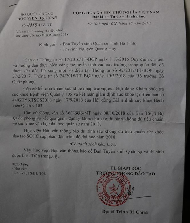 Tỉnh đội Hà Tĩnh lên tiếng vụ nam sinh bị Học viện Hậu cần trả về - Ảnh 2. Vụ nam sinh bị Học viện Hậu cần trả về do 'thận lạc chỗ': Tỉnh đội Hà Tĩnh lên tiếng 2
