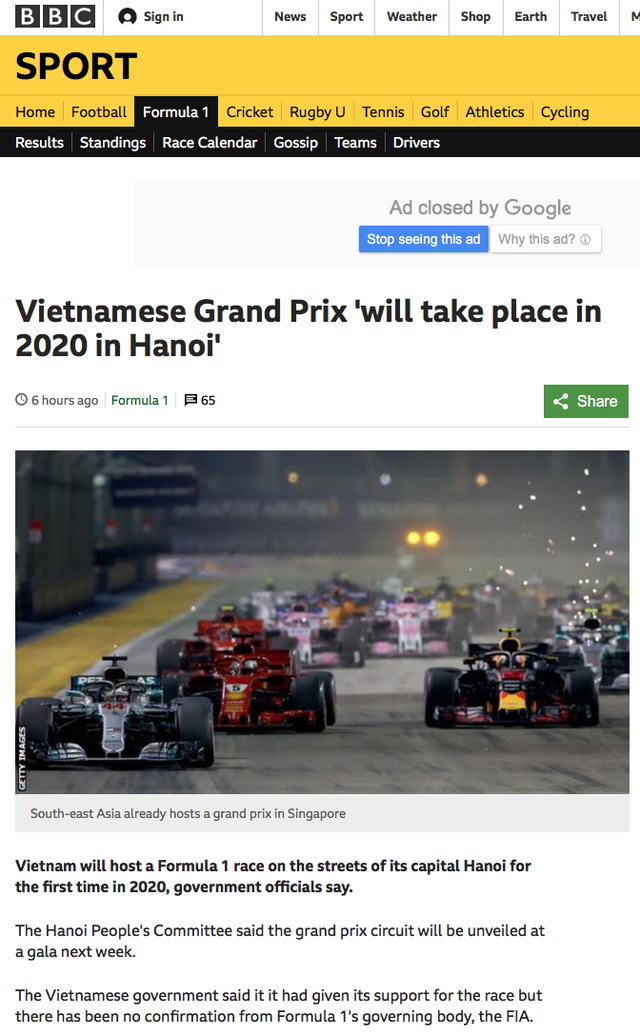 Báo chí thế giới đồng loạt đưa tin Việt Nam tổ chức đua xe F1 3