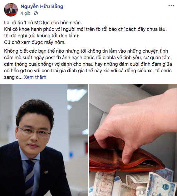 MC Hữu Bằng bất ngờ ẩn ý về 'một cô MC lục đục hôn nhân', cho rằng yêu đương khoe lên Facebook thì được mấy hôm 3