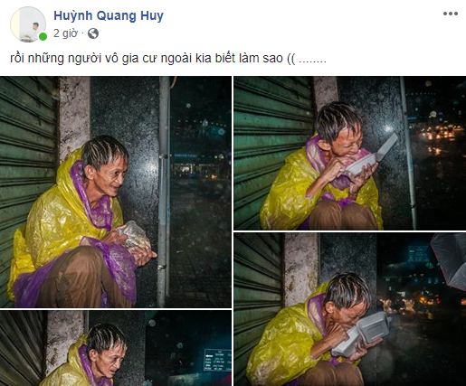 Giữa đêm, MXH xúc động mạnh với hình ảnh ông chú vô gia cư co ro húp cháo giữa mưa bão Sài Gòn - Ảnh 1.