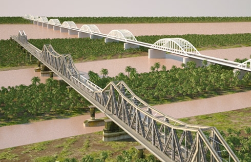 Cầu đường sắt vượt song sẽ cách cầu Long Biên 75m?