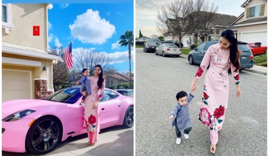 Phạm Hương khoe khéo siêu xe khi diện áo dài cùng con trai đón Tết bên Mỹ
