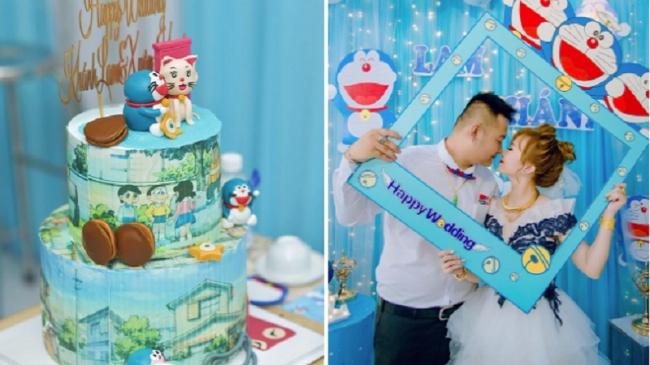 Fan cứng Doraemon trang trí lễ đính hôn theo phong cách không đụng hàng 1