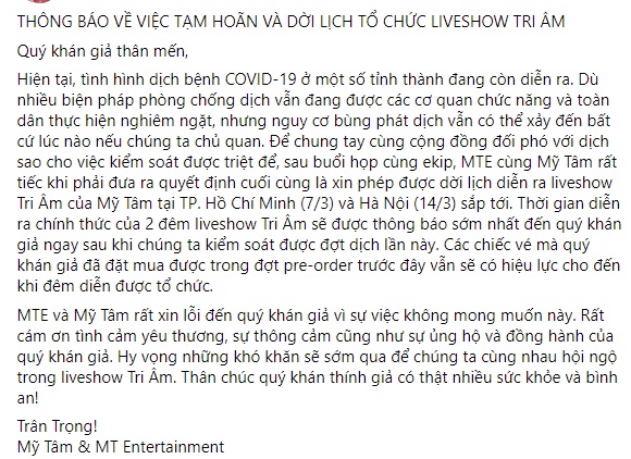 Mỹ Tâm ngậm ngùi thông báo tin không vui giữa ồn ào yêu đương Mai Tài Phến 1 Mỹ Tâm ngậm ngùi thông báo tin không vui giữa ồn ào yêu đương Mai Tài Phến 1
