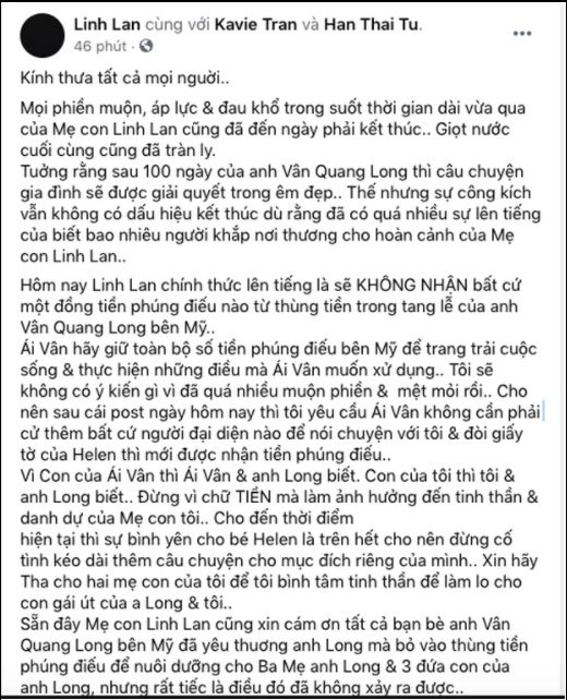 Người thân lên tiếng minh oan cho vợ cũ Vân Quang Long khi bị Linh Lan đặt điều tiếng xấu 2 Người thân lên tiếng minh oan cho vợ cũ Vân Quang Long khi bị Linh Lan đặt điều tiếng xấu 2