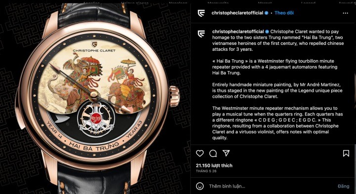 Mẫu đồng hồ Hai Bà Trưng trong bộ sưu tập độc bản Legend của công ty đồng hồ Thụy Sĩ Christophe Claret. Ảnh: FB Christophe Claret Mẫu đồng hồ Hai Bà Trưng trong bộ sưu tập độc bản Legend của công ty đồng hồ Thụy Sĩ Christophe Claret. Ảnh: FB Christophe Claret