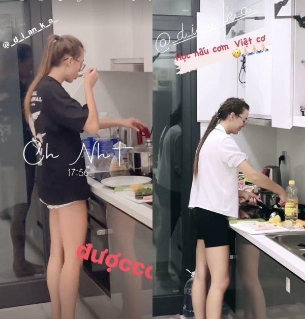 Dianka vào bếp trổ tài nấu món Việt cho chồng. Khi ở nhà cô mặc trang phục giản dị, để mặt mộc như bao người vợ bình thường khác. Ảnh: FB Bùi Tiến Dũng. Dianka vào bếp trổ tài nấu món Việt cho chồng. Khi ở nhà cô mặc trang phục giản dị, để mặt mộc như bao người vợ bình thường khác. Ảnh: FB Bùi Tiến Dũng.