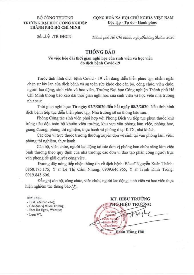 Thêm 2 trường Đại học ở Hà Nội thông báo cho sinh viên nghỉ đến hết 8/3 2