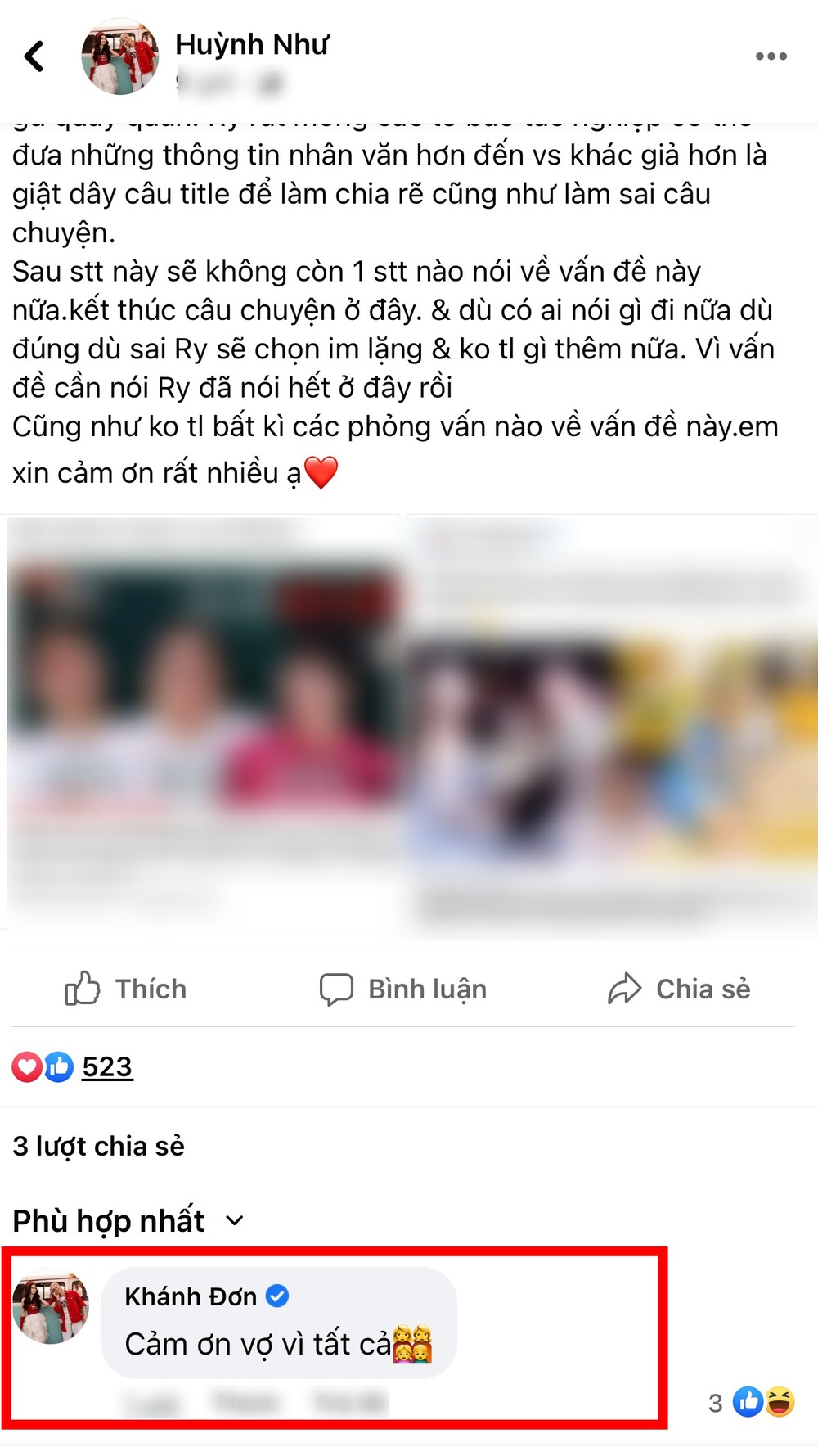 Khánh Đơn lên tiếng cảm ơn vợ giữa lùm xùm con riêng với Lương Bích Hữu.Ảnh chụp màn hình Khánh Đơn lên tiếng cảm ơn vợ giữa lùm xùm con riêng với Lương Bích Hữu.Ảnh chụp màn hình