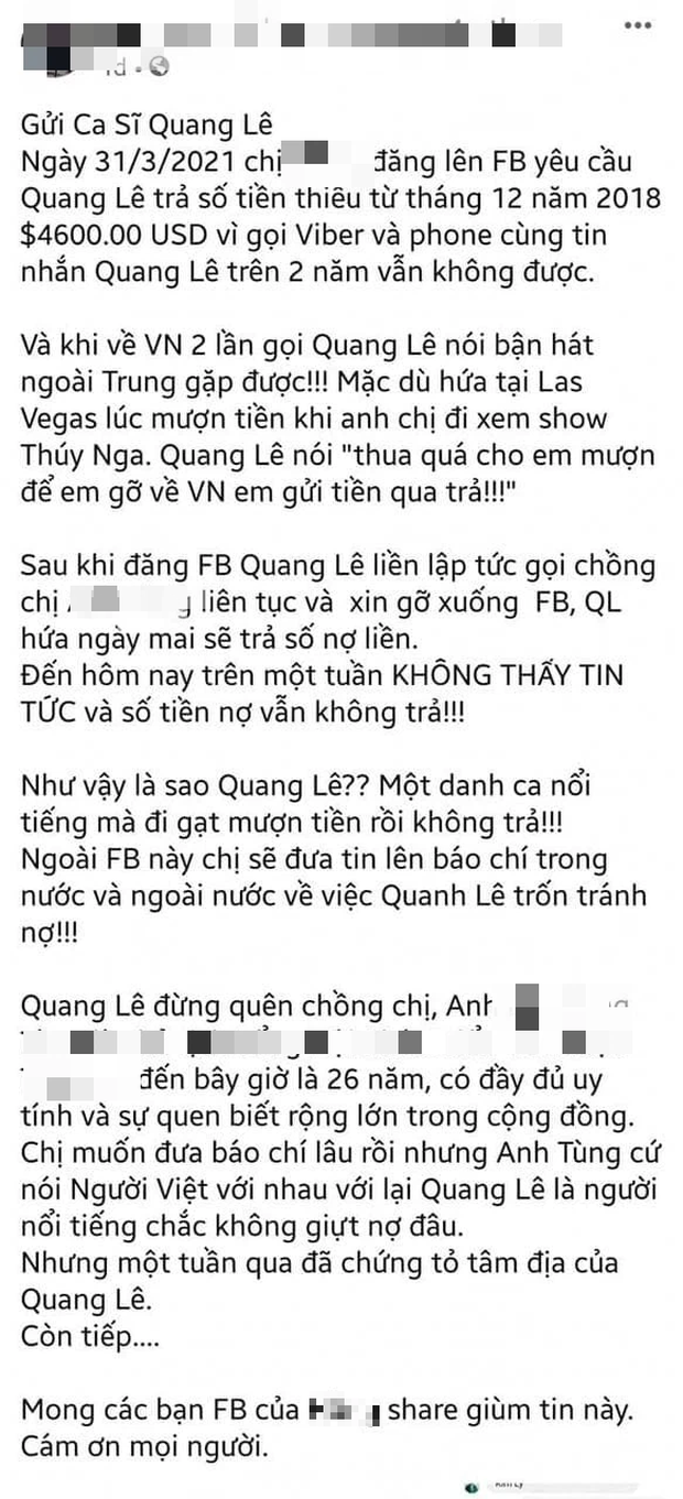 Phản ứng của Quang Lê khi bị tố nợ tiền bạn bè hơn 100 triệu đồng nhưng 2 năm không trả 1