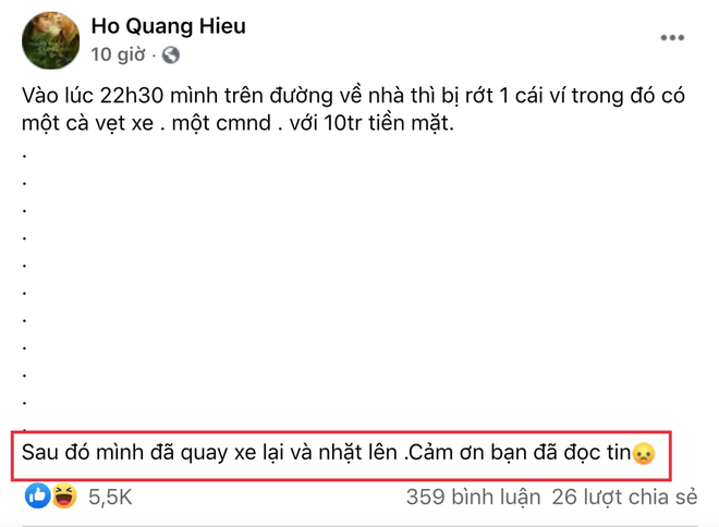 Hồ Quang Hiếu bị mất ví với 10 triệu đồng, tưởng gặp vận đen ai ngờ cú 'quay xe' khiến netizen 'chóng mặt' 2
