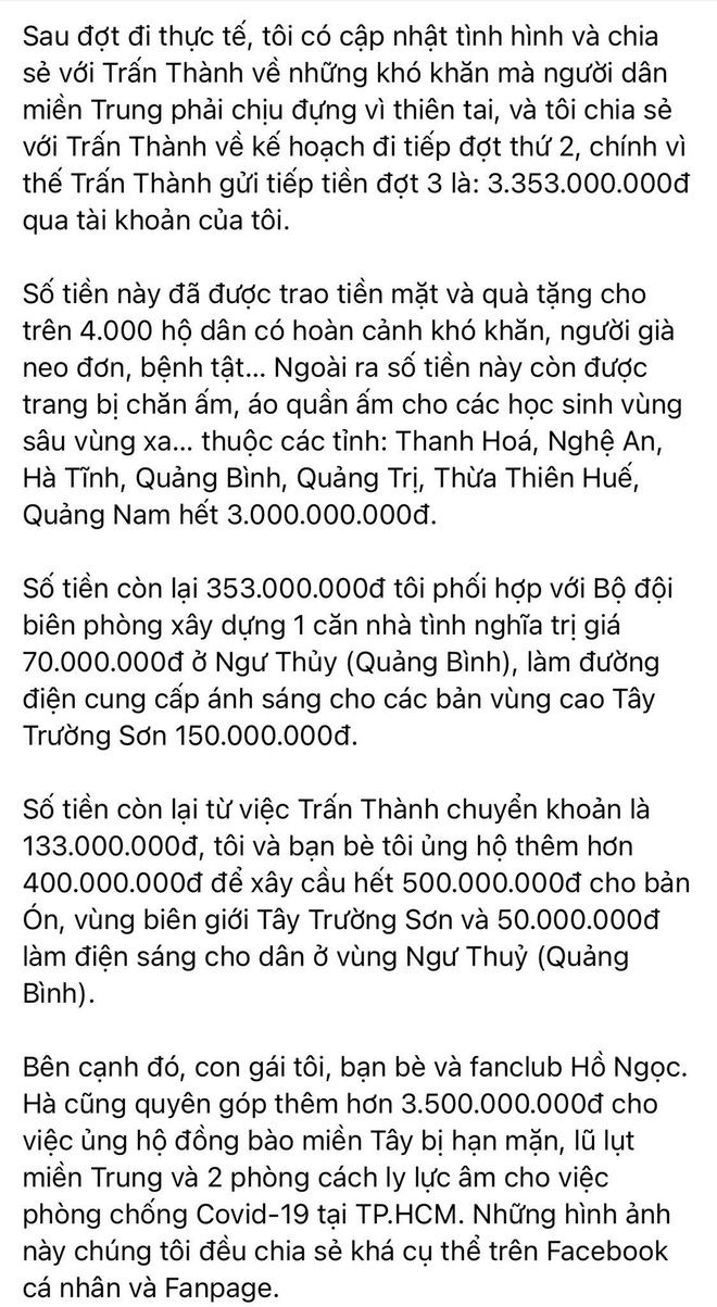 Trấn Thành tiết lộ khoản tiền cứu trợ không gửi cho Thủy Tiên, mẹ Hồ Ngọc Hà vào 'minh oan' 5
