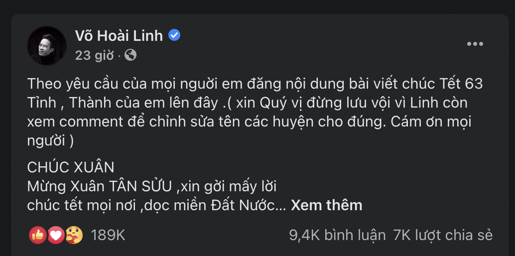 Danh hài Hoài Linh khiến dân tình ngỡ ngàng với bài chúc Tết xuyên đất nước hơn 7000 chữ 1 Danh hài Hoài Linh khiến dân tình ngỡ ngàng với bài chúc Tết xuyên đất nước hơn 7000 chữ 1
