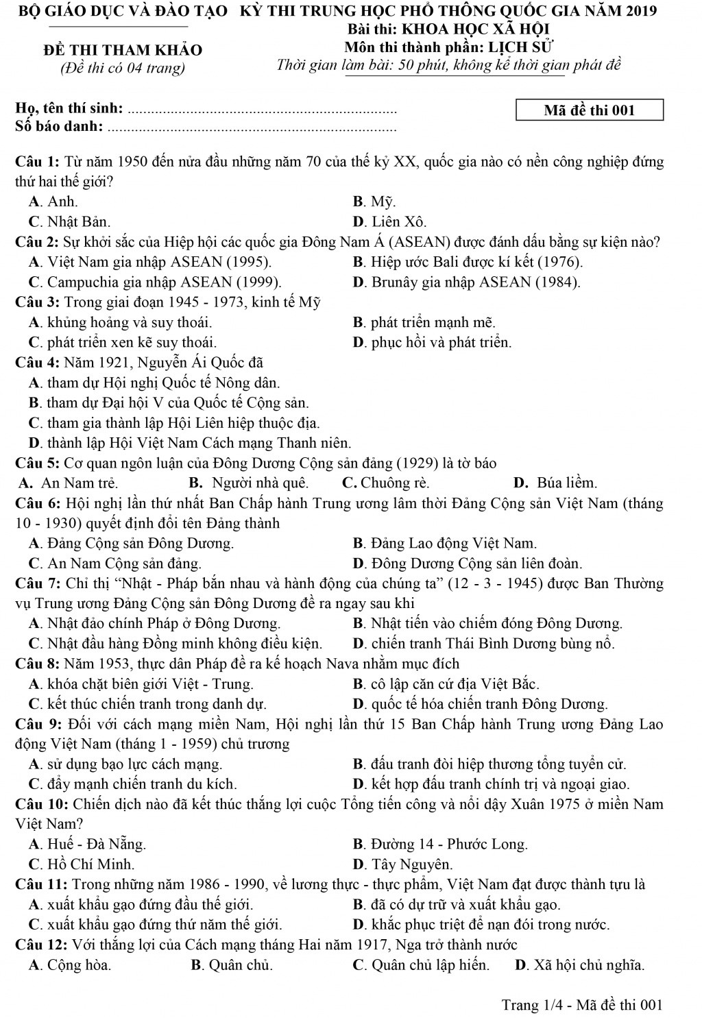 Đề thi môn Lịch sử tốt nghiệp THPT quốc gia 2019 1