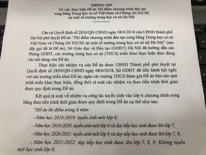 Hà Nội chính thức dừng tuyển sinh hệ song bằng với lớp 6 1 Hà Nội chính thức dừng tuyển sinh hệ song bằng với lớp 6 1