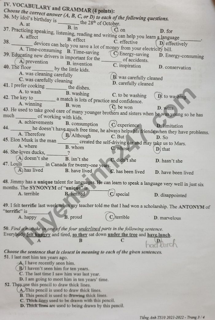 Đáp án đề thi vào lớp 10 môn tiếng Anh tỉnh Bình Dương năm 2021 Đáp án đề thi vào lớp 10 môn tiếng Anh tỉnh Bình Dương năm 2021