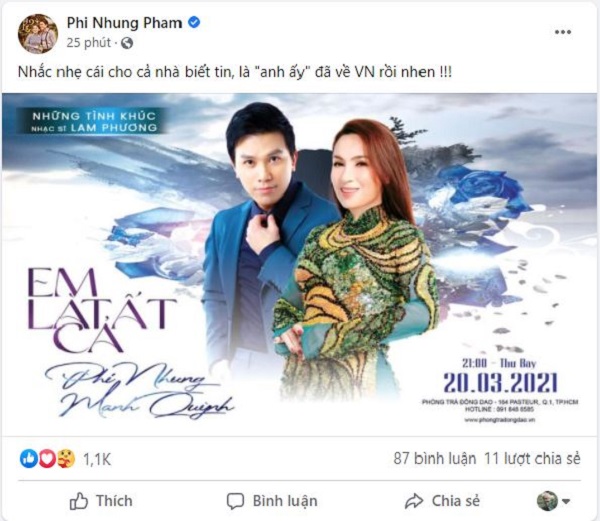 Phi Nhung hạnh phúc thông báo 'anh ấy' đã về, fan đồng loạt vào chúc mừng 1 Phi Nhung hạnh phúc thông báo 'anh ấy' đã về, fan đồng loạt vào chúc mừng 1