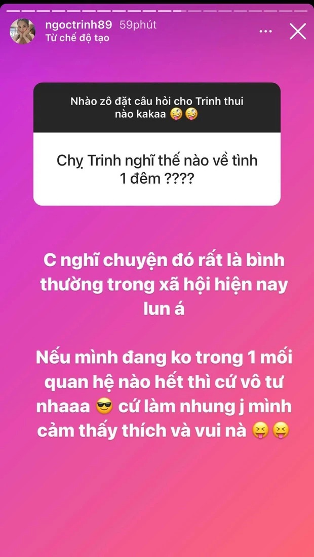 Nửa đêm Ngọc Trinh nổi hứng hỏi gì đáp nấy, giải đáp loạt câu hỏi tế nhị 5 Nửa đêm Ngọc Trinh nổi hứng hỏi gì đáp nấy, giải đáp loạt câu hỏi tế nhị 5