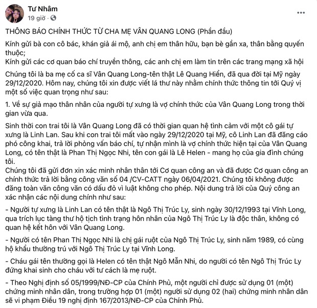 Phản ứng của Linh Lan sau khi bị bố mẹ Vân Quang Long xác nhận mạo danh, công khai sự thật về con gái với cố ca sĩ 2 Phản ứng của Linh Lan sau khi bị bố mẹ Vân Quang Long xác nhận mạo danh, công khai sự thật về con gái với cố ca sĩ 2