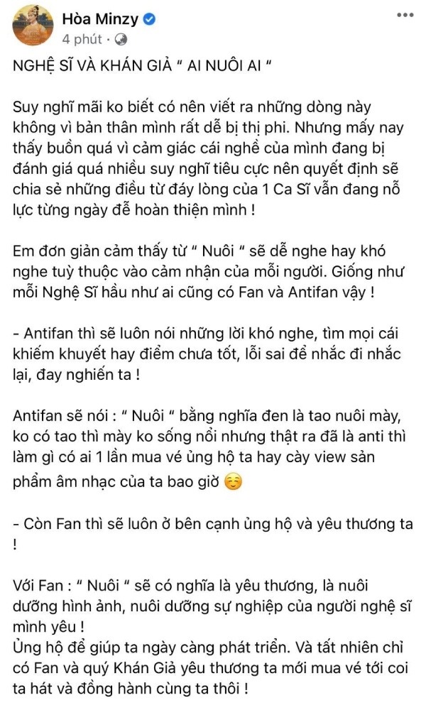 Hòa Minzy 'góp vui' khi tham gia tranh luận 'khán giả nuôi nghệ sĩ' với tâm thư dài như sớ 3 Hòa Minzy 'góp vui' khi tham gia tranh luận 'khán giả nuôi nghệ sĩ' với tâm thư dài như sớ 3